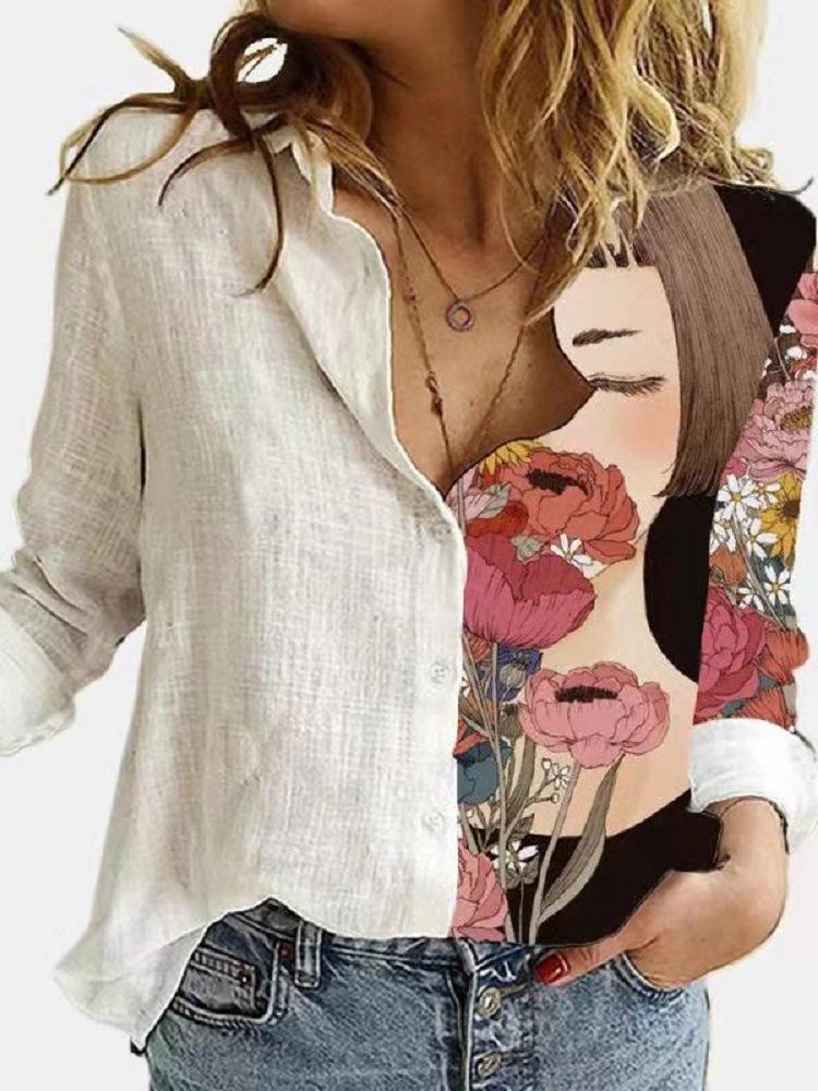 Fashion Stitching Retro Face Print Long Sleeve Blouse Women Lapel Button Casual Top Lady Shirts