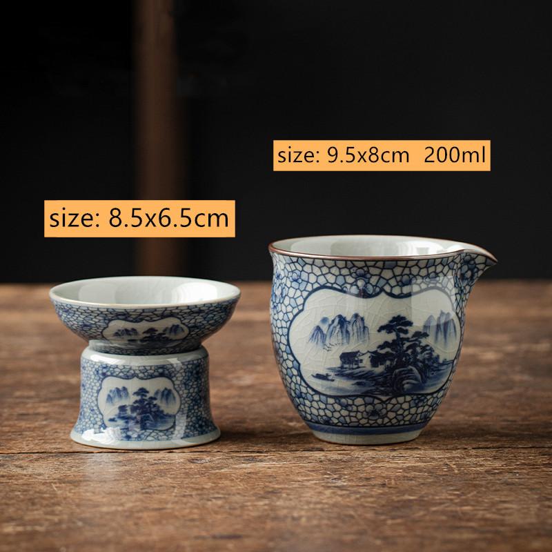Chinese Retro Blue and White Porcelain Gaiwan Teacup Handmade Ceramic Fair Cup Tea Infusers Household Tea Bowl Portable Teaware