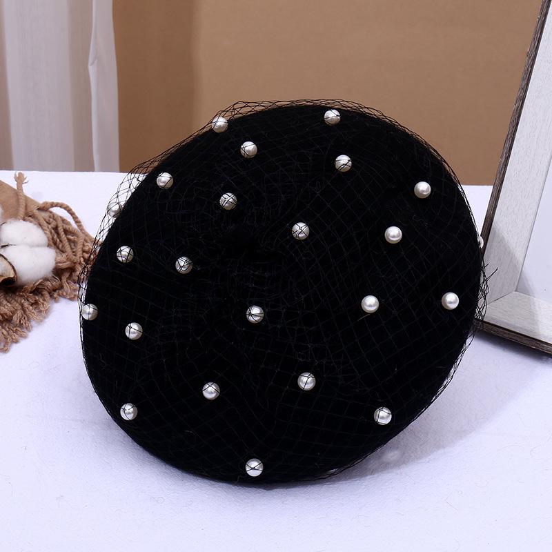 

Женский шерстяной берет с жемчужной сеткой - Белый ретро стиль художника для весны и осени M (56-58cm) чёрный