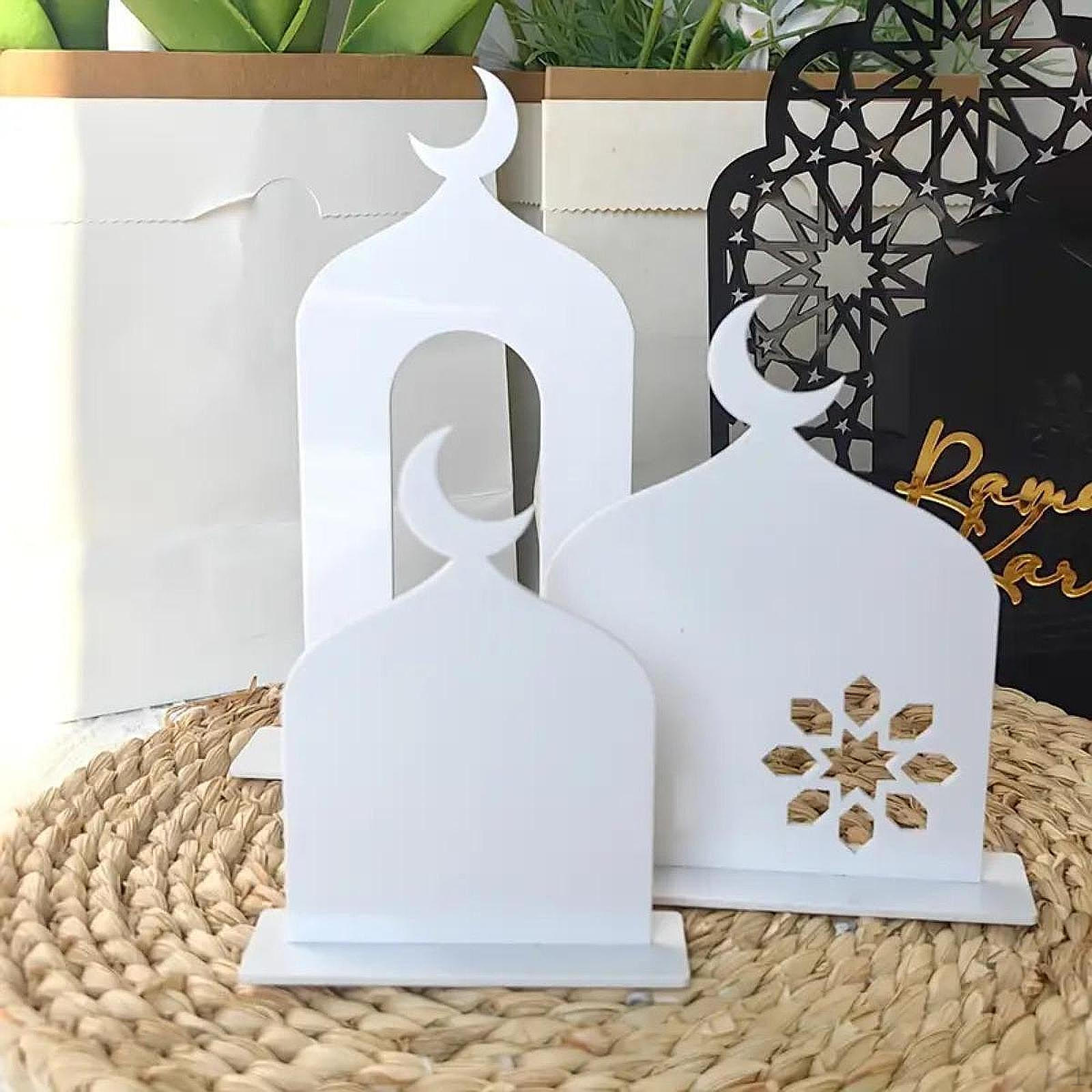 

3 шт. акриловых украшений Рамадан 2D Eid Mubarak Decor Castle Sign для стола 15x10cm 11x10cm белый
