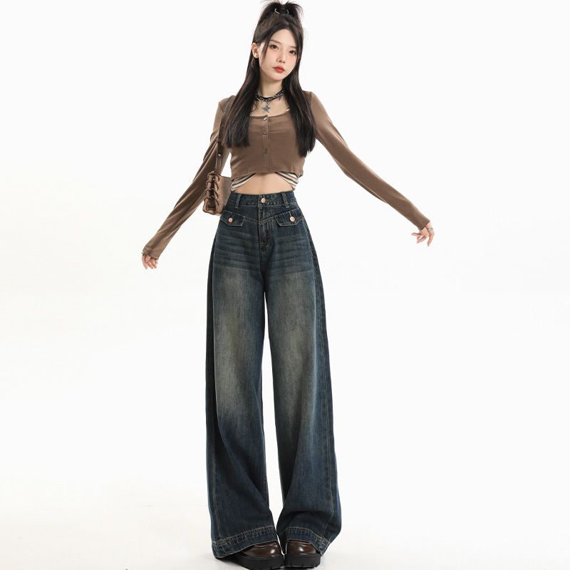 

Small Retro Wide-Leg Jeans Women s Summer High Waist Loose Drooping Figure Flattering Mopping Pants Straight-leg Long Pants Retro Blue pants 155-165 XL