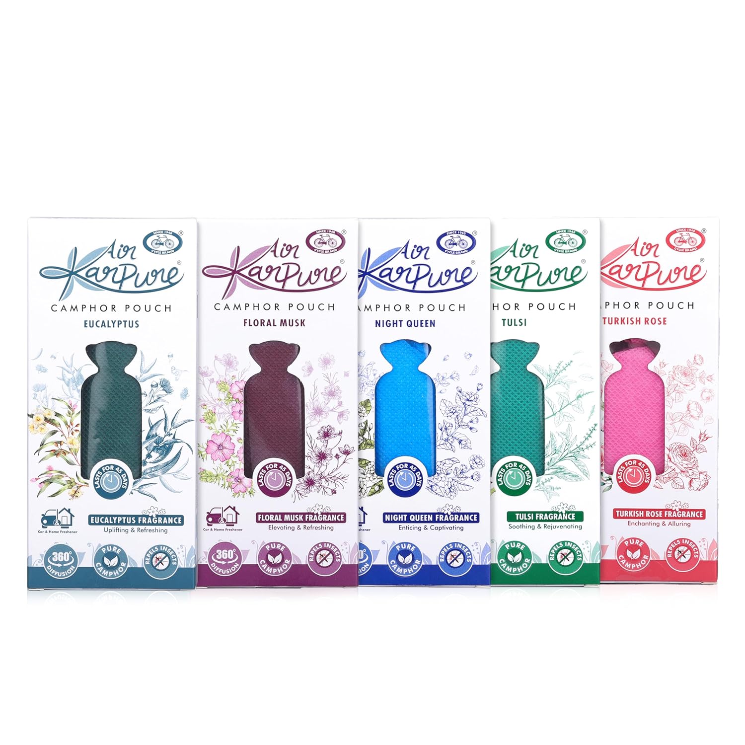 

Cycle Pure Karpure Camphor Pouch Pack of 5 | Air Freshener for Home | Turkish Rose, Night Queen, Thulsi, Floral Musk, Eucalyptus