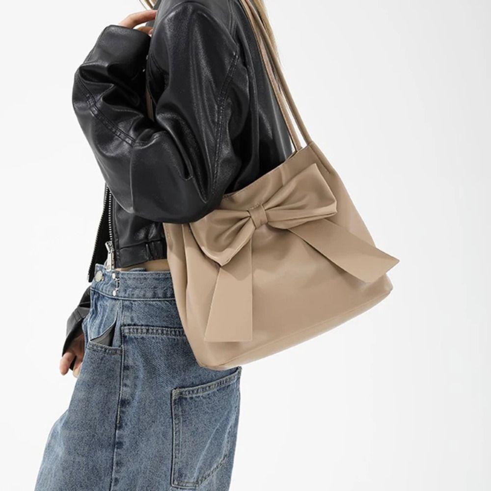 Solid Color INS Tote Bag Bucket Bag Fashion Underarm Bag Simple PU Bow Shoulder Bag  Women
