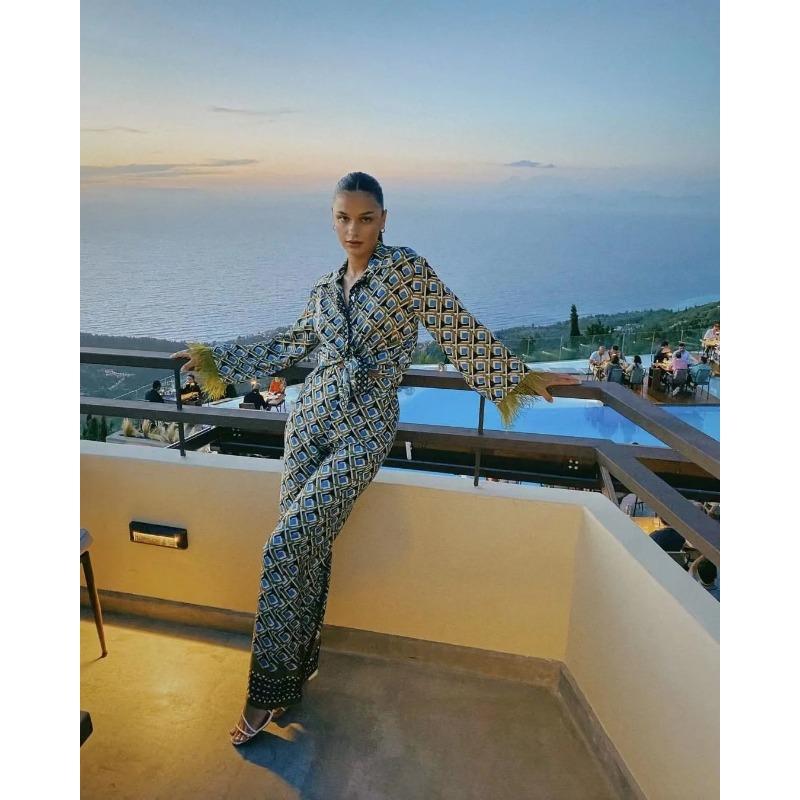 Long Sleeve Plaid Feather Pants 2 Piece Sets Pajama Women Lapel Blouses Suits Sleep Ladies High Waist Stright Pants Pajamas Set