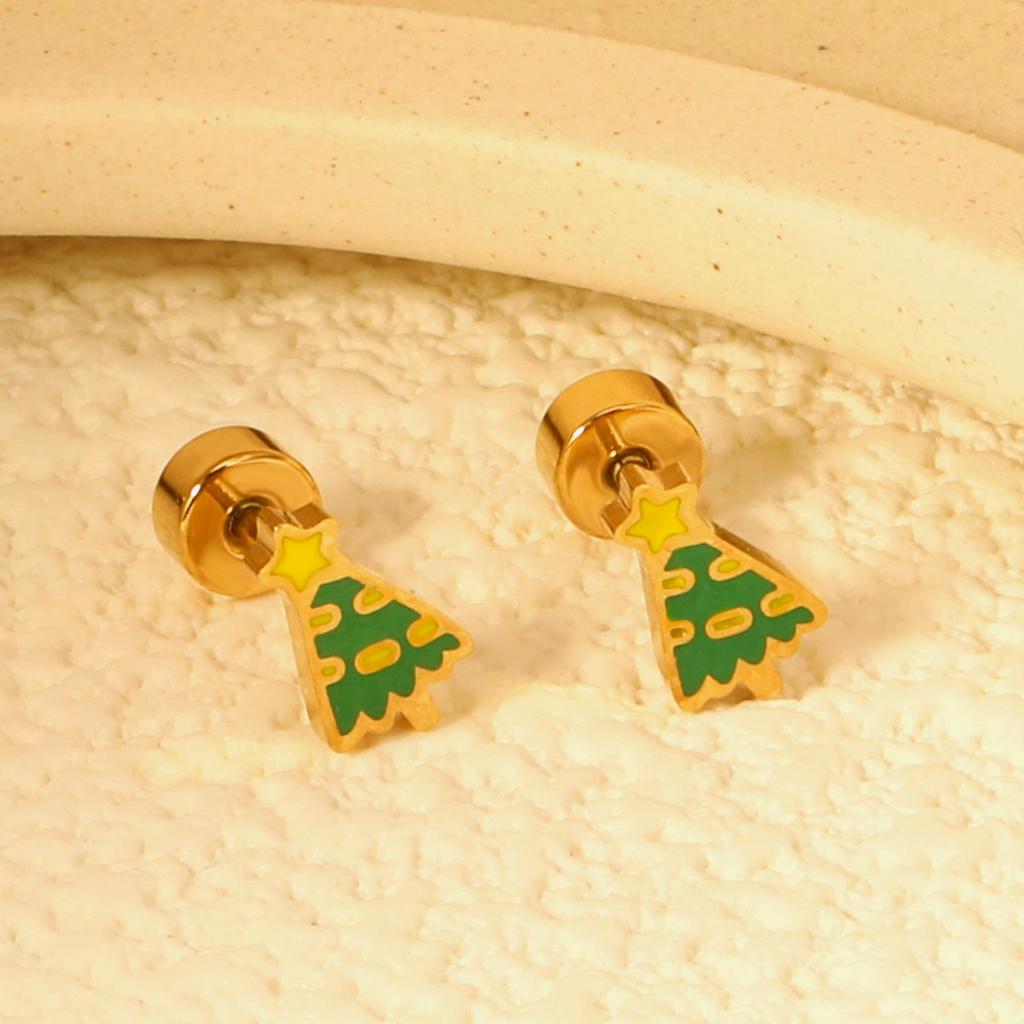 European and American Christmas Star, Tree, and Bell Stainless Steel Screw-Back Earrings for Women