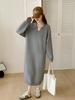 Long Knitted Dress for Women's Autumn and Winter New Loose and Lazy Polo Collar with Coat Backing Sweater Dress for Women