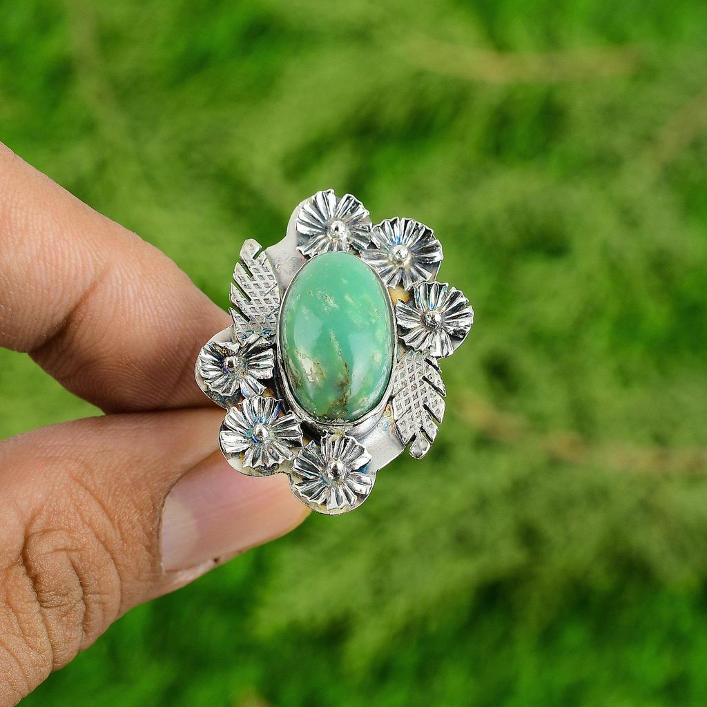 Gift For Her 925 Silver Natural Chrysoprase Solitaire Flower Adjustable Ring