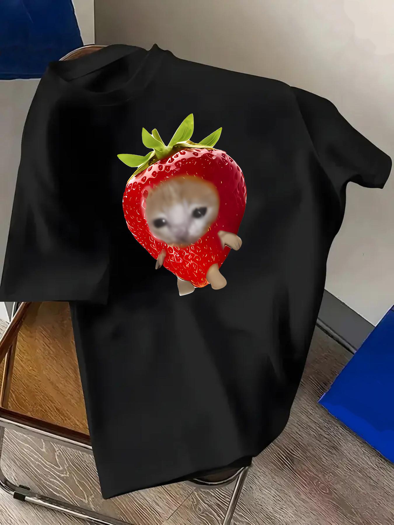 Men S Cartoon Strawberry Cat Face Pattern Print T-shirt | Round Neck S
