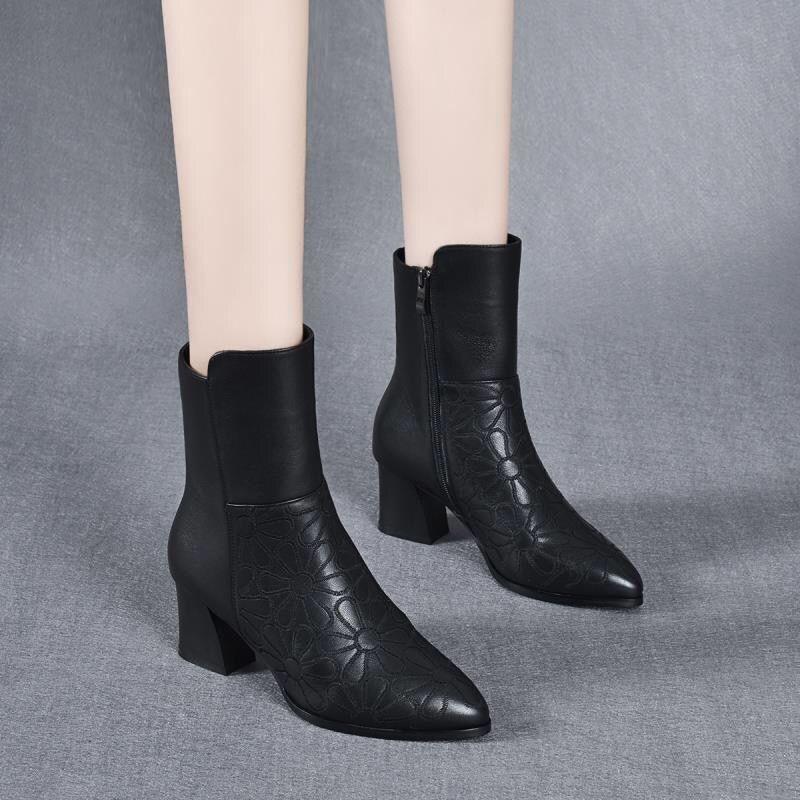 Women Ankle Boots Fashion Short Soft Leather High Heel Ladies Shoes Side Zipper for Women