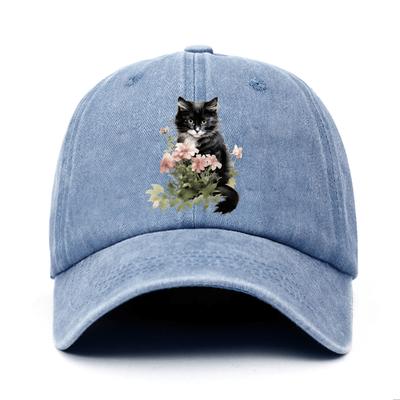 Casquette de Baseball Imprimé Chatons et Fleurs Roses Casquette Casual Réglable en Coton pour l'Extérieur Unisexe