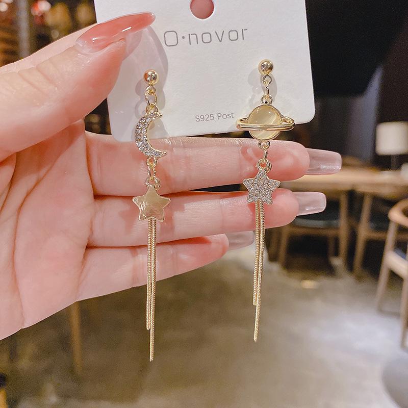 925 Silver Needle Star  Moon Long Tassel Earrings for Women - Asymmetrical  Elegant Ear Studs 8B608