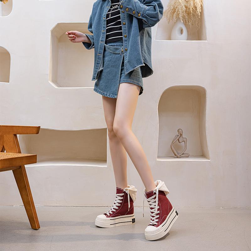 

Canvas shoes 2025 new casual shoes inner height increase super high heel 12 cm women s shoes two wear with hat design sense niche 38