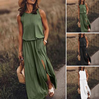 Women Vest Dress Sleeveless Side Slit Round Neck Pleated Maxi Dress with Pockets Solid Color Loose Dress for Dating Daily Travel