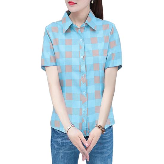 Women Shirt Flower Plaid Pattern Regular Style Shirt Buttons Placket Casual