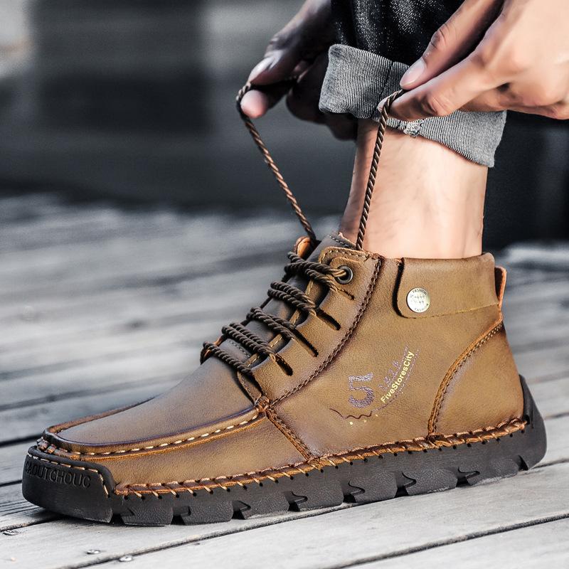 Autumn and Winter Large Size High-top Leather Shoes Men's Soft Leather Soft-soled British Martin Boots Men's Casual Korean Version of Trendy Versatile