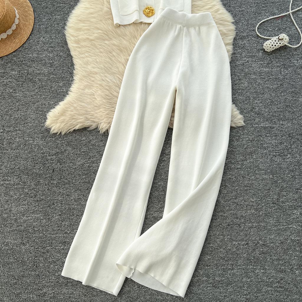Summer Women Knitted Sweater Tracksuit Sleeveless Big Gold Button Tank Vest Tops and Wide Leg Pant Two Piece Set