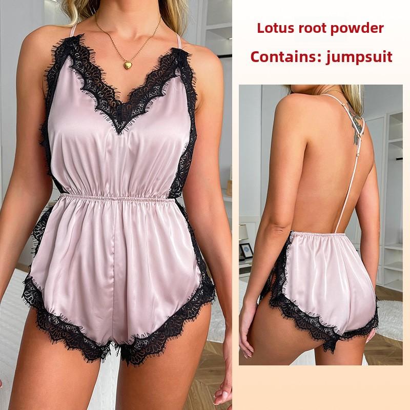 Sexy Temptation Suspender Tílko Šortky Pyžamo Jednodílné ledové hedvábné pyžamo Loungewear s límečkem