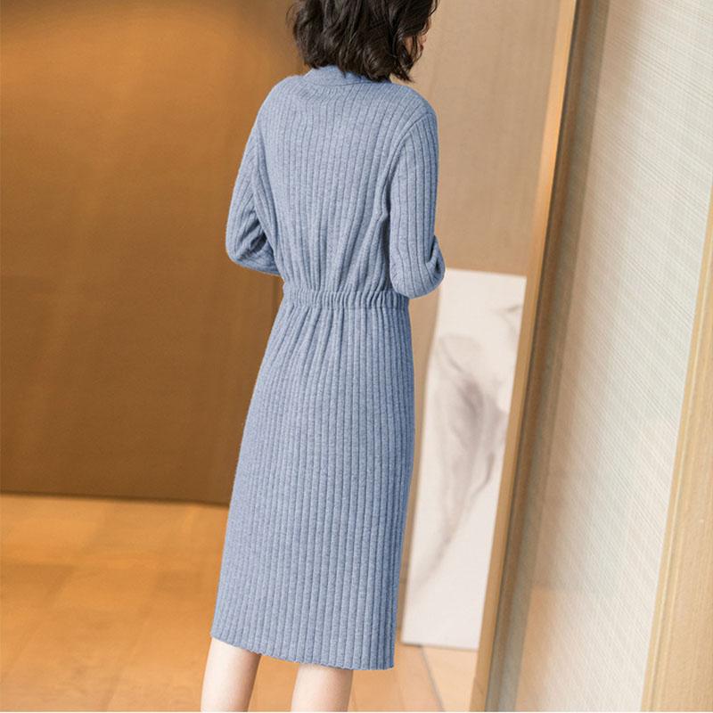 Spring Autumn Lapel Knit Dress Women's Long Loose Tie Sweater Dresses