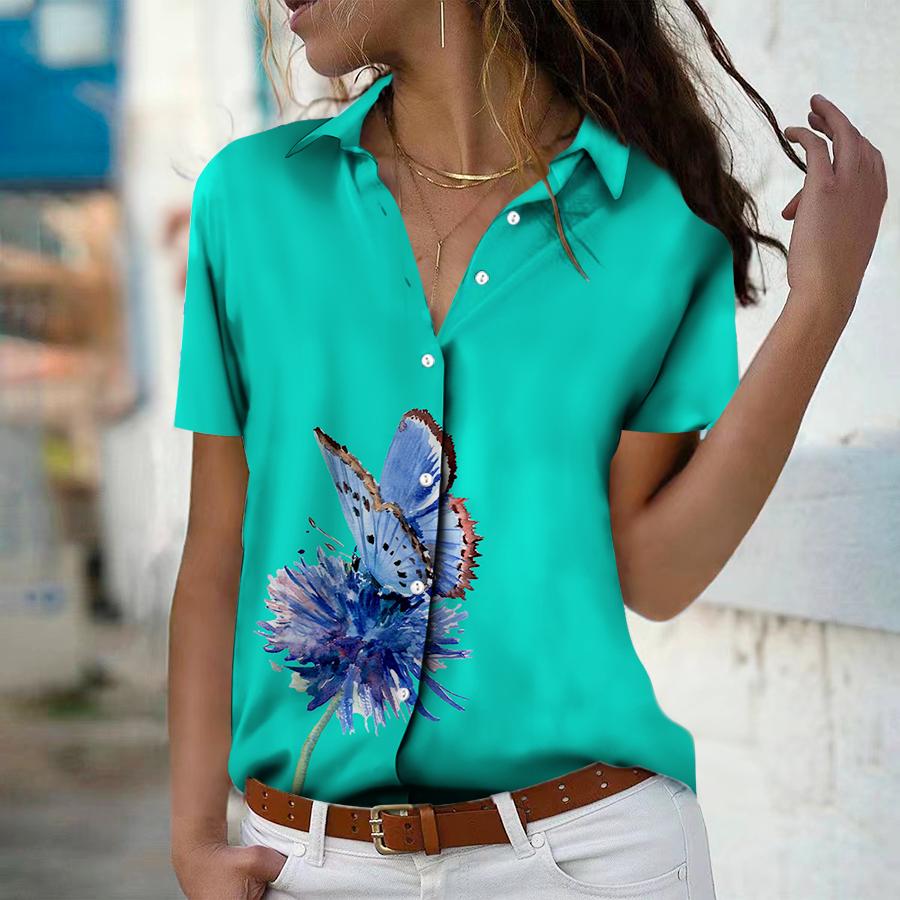 

2023 летняя новая модная женская синяя рубашка с короткими рукавами и v-образным вырезом с принтом бабочки, повседневная рубашка на пуговицах, топ