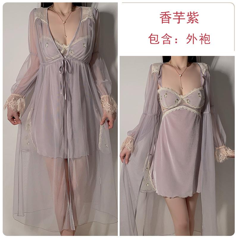 Women's Velvet Embroidered Deep V Push Up Padded Cami Sleep Dress with Robe Lounge Set