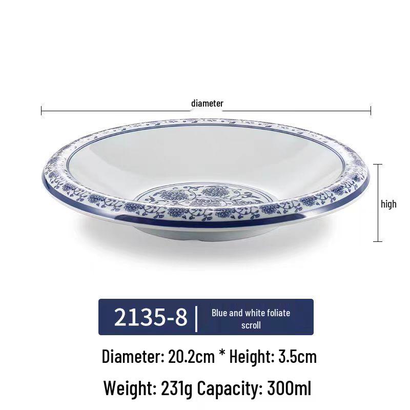 Modrobílý hluboký talíř z melaminu ve stylu porcelánu pro ryby, polévky a komerční použití