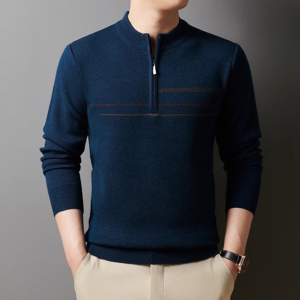 Autumn Winter Half High Neck Half Zip Anti Pilling Sweater Men's Middle Aged Casual Warm Knitted Thickened Undershirt
