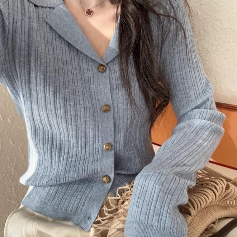 Women Lapel Collar Ribbed Knit Cardigan Single‑Breasted Long Sleeve Casual Short Sweater