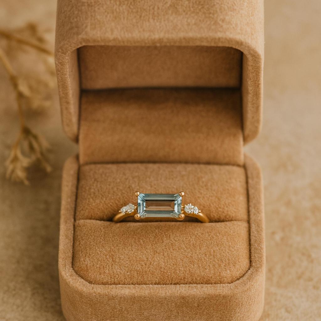 Baguette Aquamarine Ring with CZ Accents – Dainty Gold Plated 925 Sterling Silver Band – Women’s Promise Engagement Ring