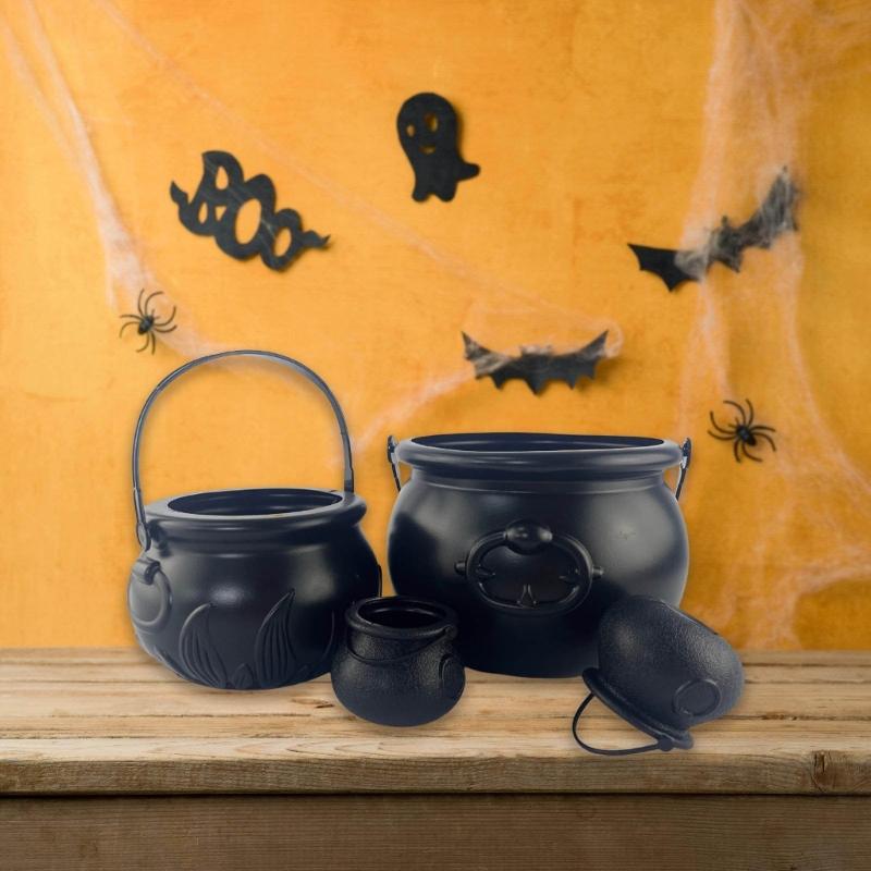 Pack Of 4 Large Black Witch Cauldron Kettles, MultiSize Candy Holders for Halloween & Patrick's Day Party Decors