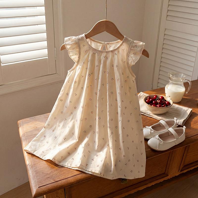 Sweet Cherry Print Girls Dress Summer Flutter Sleeve Pleated Skirt Baby Clothing