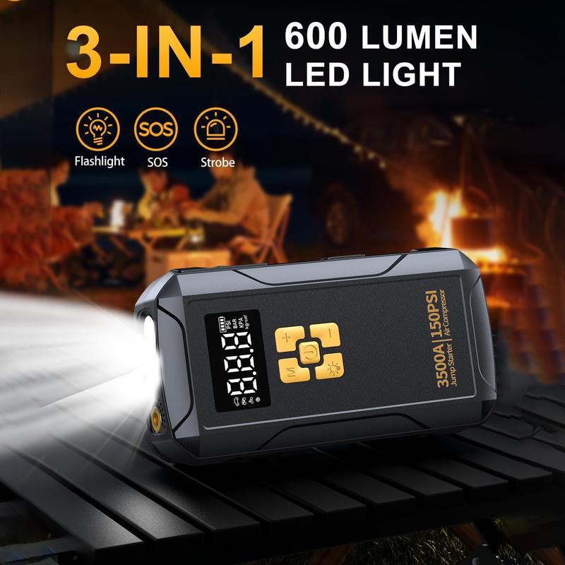 Jump Starter with Air Compressor 3500A Jump Starter 150PSI Air Pump Multifunctional Tire Inflator Power Bank Lighting for Car