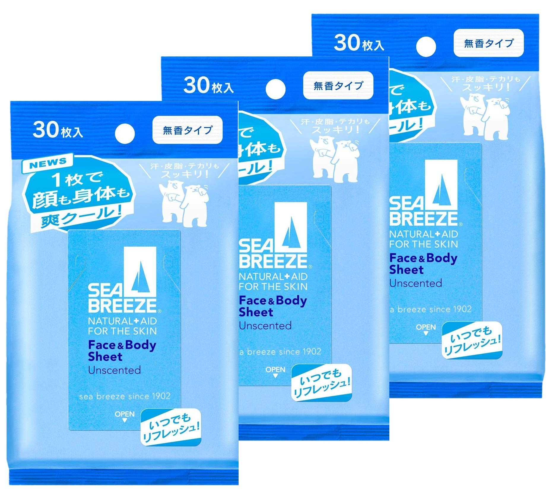 

[Оптовая покупка] SEABREEZE Салфетки для лица и тела, без запаха, 30 шт. х 3 упаковки