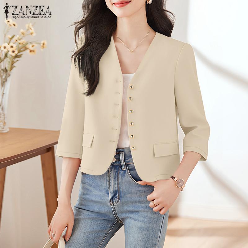 ZANZEA Women Casual V-Neck 3/4 Sleeve Summer Cardigan Tops