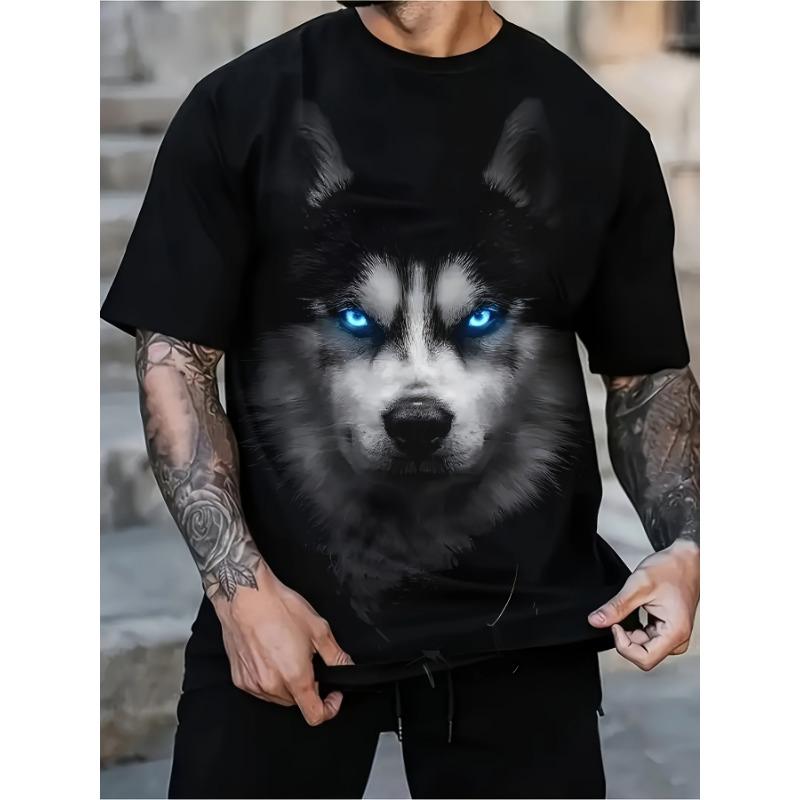 Men's Husky Wolf 3D Printed T-Shirt Casual Short Sleeve Crewneck Top Cool Glowing Blue Eyes Animal Head Graphic Tee Trendy Summer Streetwear Clothes