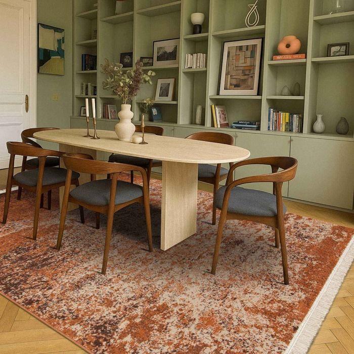 Tapis salon vintage avec franges orange rouille beige 160x230