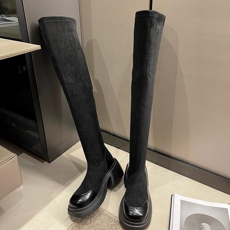 

Модные женские туфли на высоком каблуке, платформа, длинные сапоги, элегантная замша, удобная обувь, зима 2025, новый бренд, туфли-лодочки, дизайнерская мода, сапоги до колена для женщин 40 чёрный