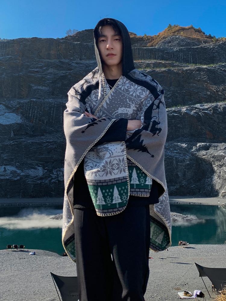 Winter Women Men Scarf Layers Poncho Hooded Retro Print Wraps Shawl Scarve Capa Para Mujer Pashmina Cloak New Unisex Christmas