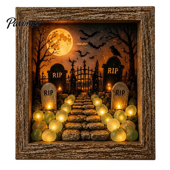 Handmade Halloween Room Decorations DIY Shadow Box Night Light Kit, 8.5 Inch Wooden Frame LED Craft Set with Fall Home Decor Projects Luminous Stones