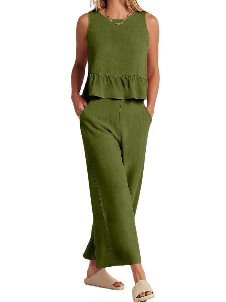 2024 Summer Women's Sleeveless Pleated Vest and Wide-Leg Pants Cotton-Linen Suit