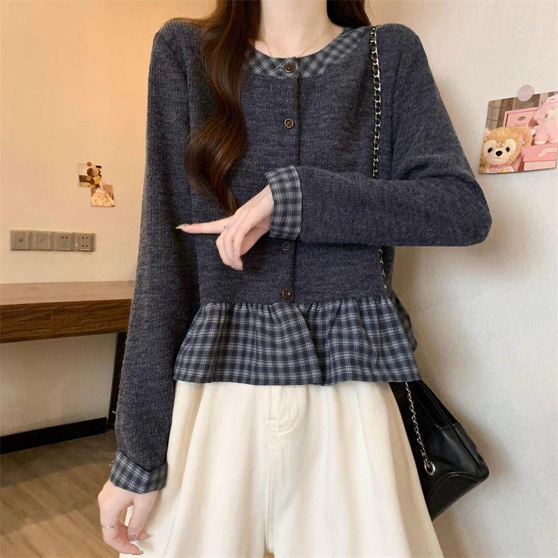 

2025 Autumn/Winter Plaid Patchwork Ruffle Long Sleeve Cropped Top for Women Medium (M)