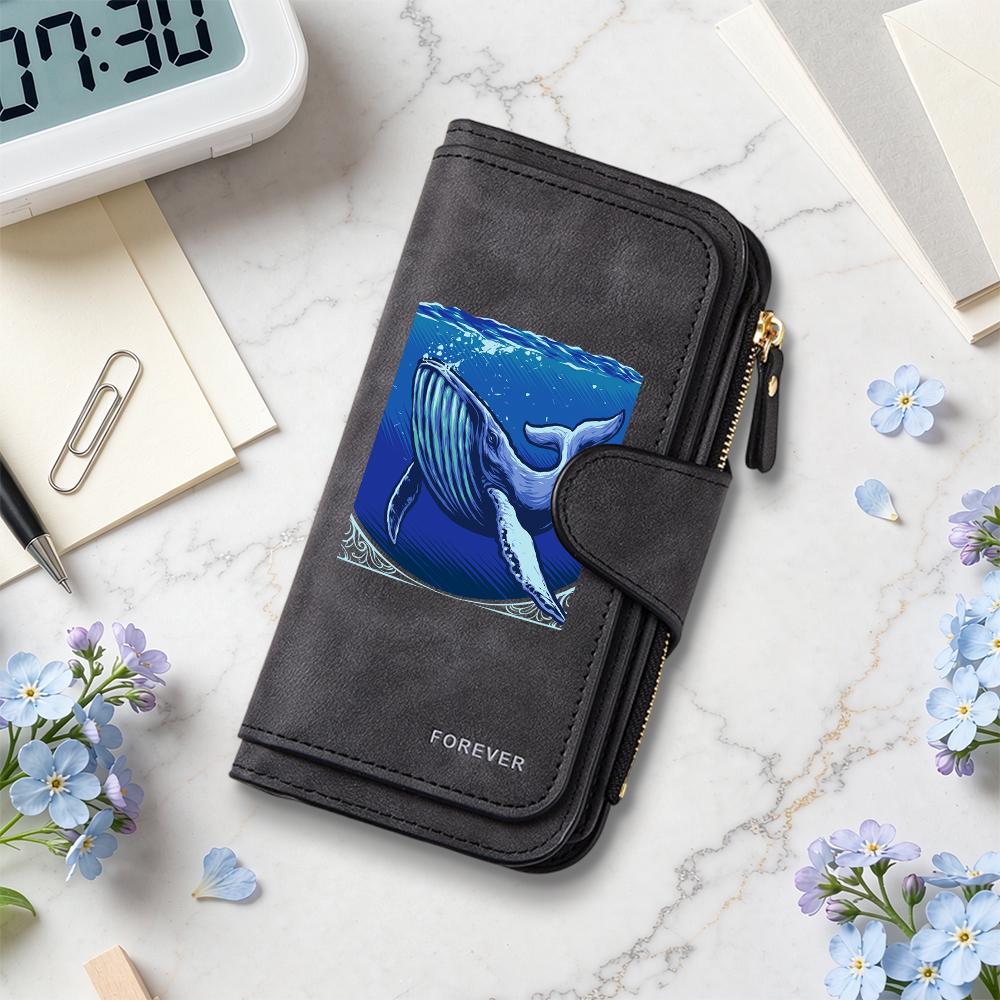 Fashion Whale Printed Long Wallet Multi Card Slot Portable Casual Leather Purse