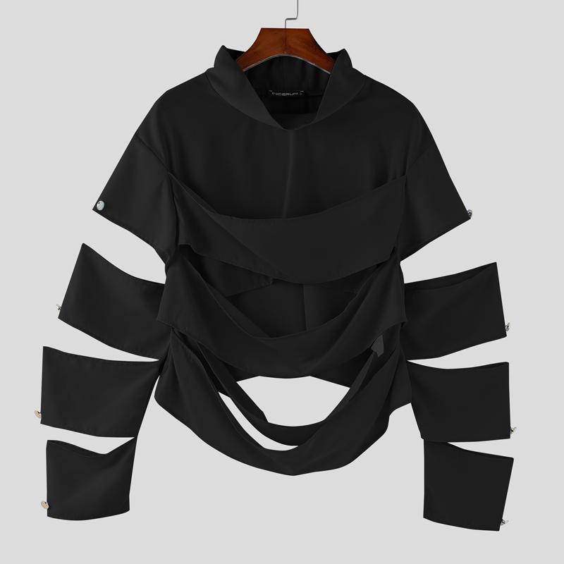 

INCERUN Мужские рубашки с высоким воротником, длинным рукавом, вырезами, нерегулярные, повседневные, свободные, топы чёрный