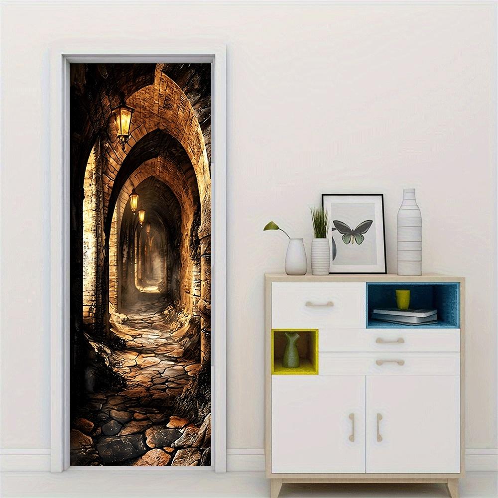 2pcs Medieval Retro Castle Tunnel Wall Stickers, Three-dimensional Arch Corridor Stickers, Living Room Entrance Background Wall