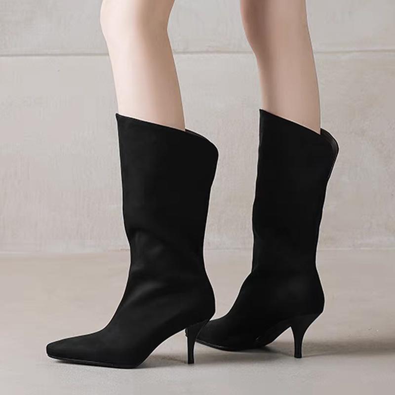 

Замшевые женские полусапожки с острым носком на среднем каблуке 2025 года, дизайнерские зимние ботинки челси, модные туфли-лодочки в готическом стиле Botas Mujer 42 чёрный