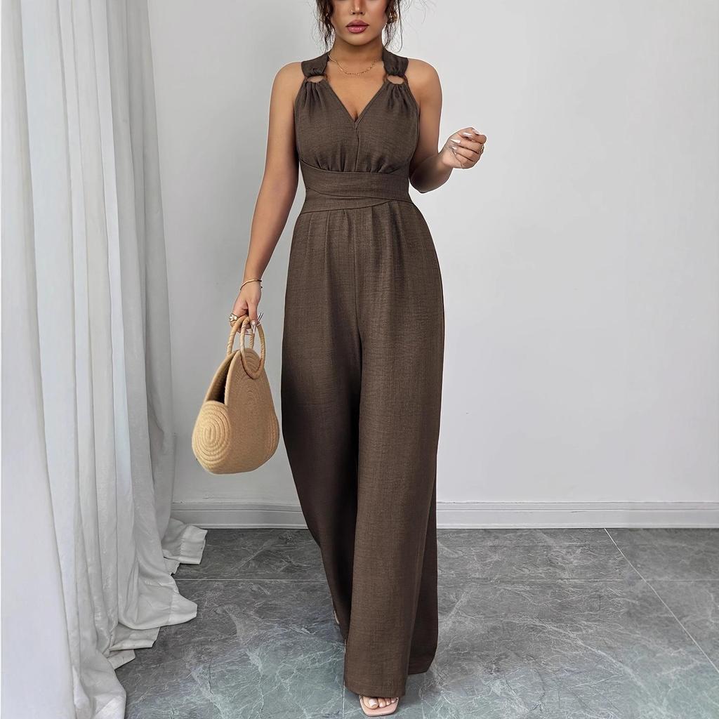 European Women's 2025 V-Neck Backless Cross-Waist Wide-Leg Jumpsuit