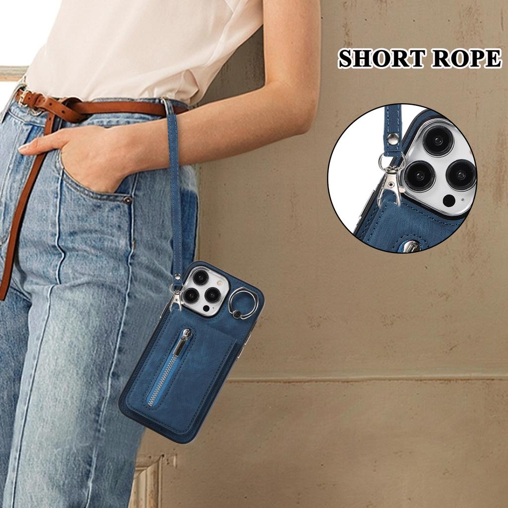 For iPhone 15 Plus Zipper Pocket Phone Case Leather+TPU Kickstand Cover with Hand Strap and Shoulder Strap
