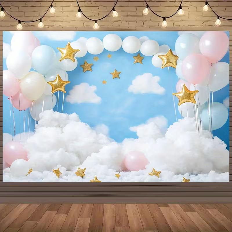 2D Blue Sky White Cloud Balloon Backdrop for Newborn Photography 47.2x31.5inch/120*80cm