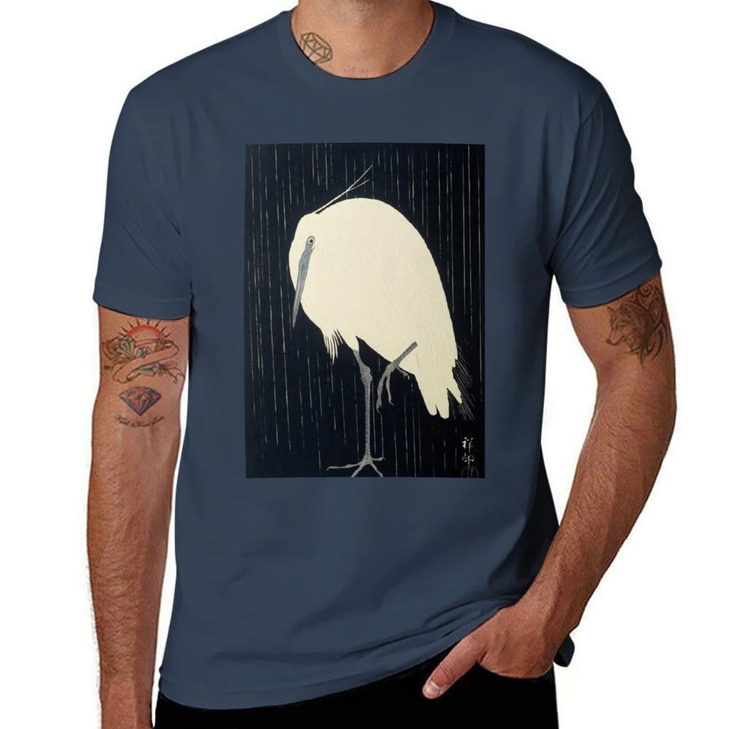 Egret In The Rain Ohara Koson 1920s Tshirt Active Sports Short Sleeve Cotton Shirt