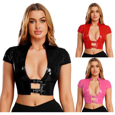 Womens Wet Look PU Crop Top Open Front Adjustable Buckles Cap Sleeve Crop Corset Glossy Clubwear