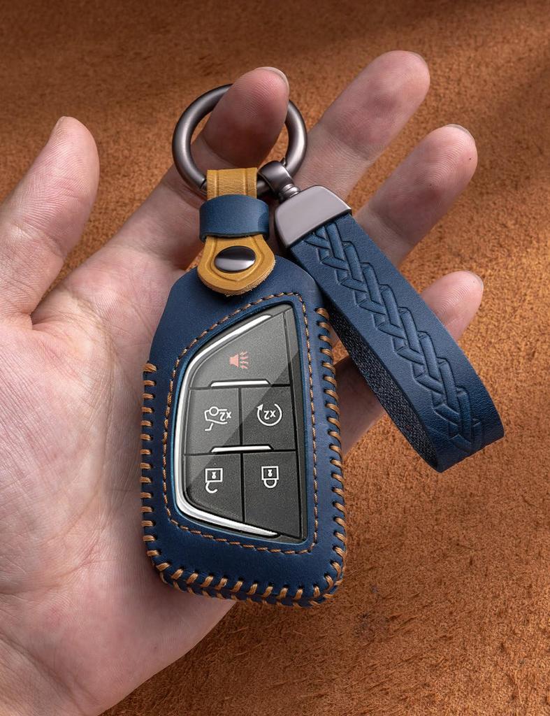 YINEOR Cadillac Key Fob Cover Leather Car Key Case Keychain Smart Key Fob Holder